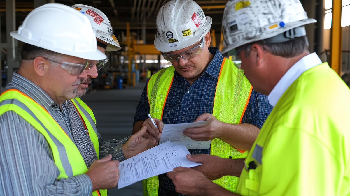 A group of 4 engineers standing in a huddle on a construction site, looking at paperwork