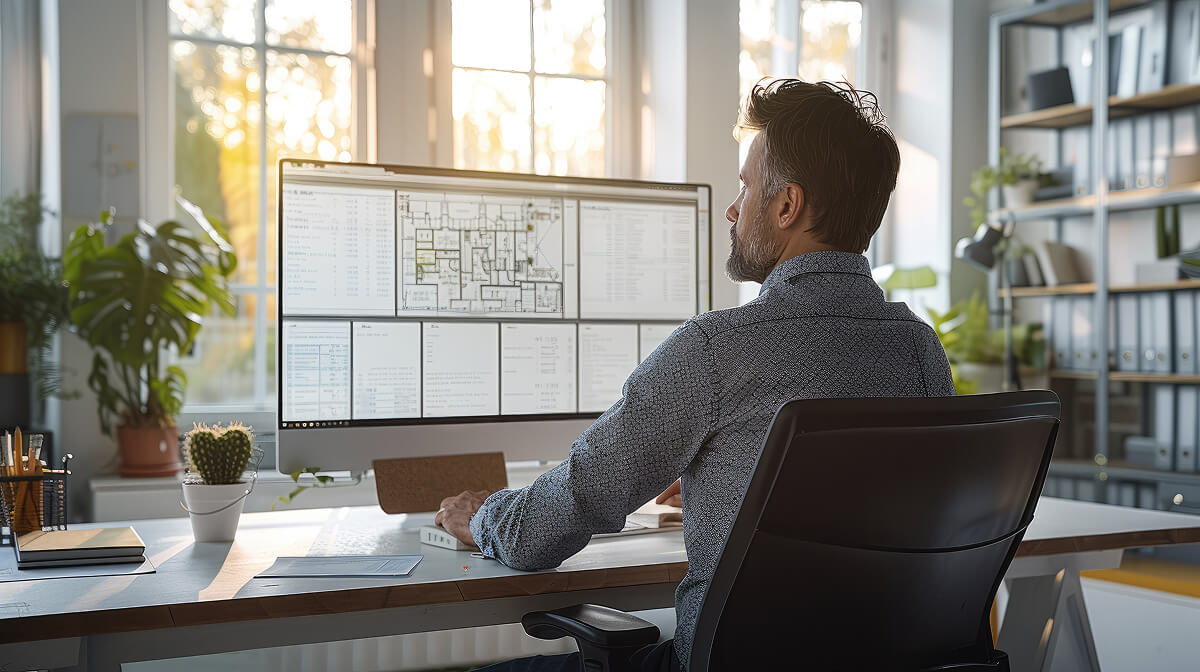 An estimator sitting at his desk and evaluting a project on his desktop computer