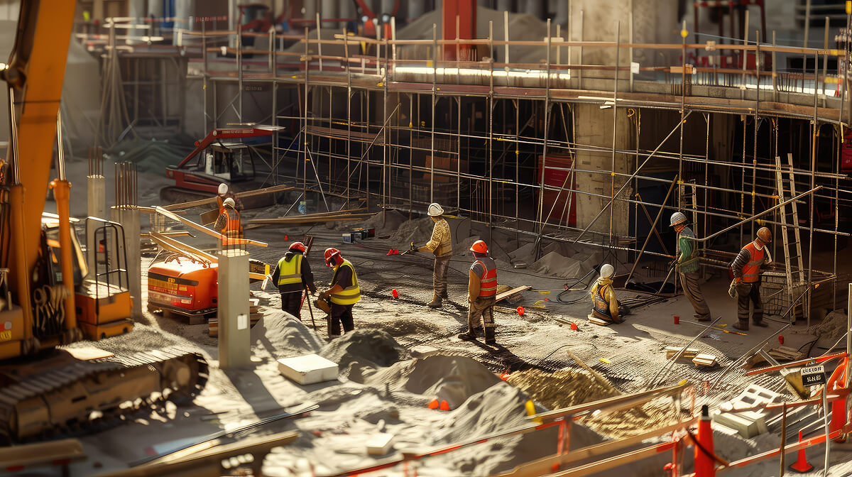 A scenic view of multiple field engineers working on a construction site